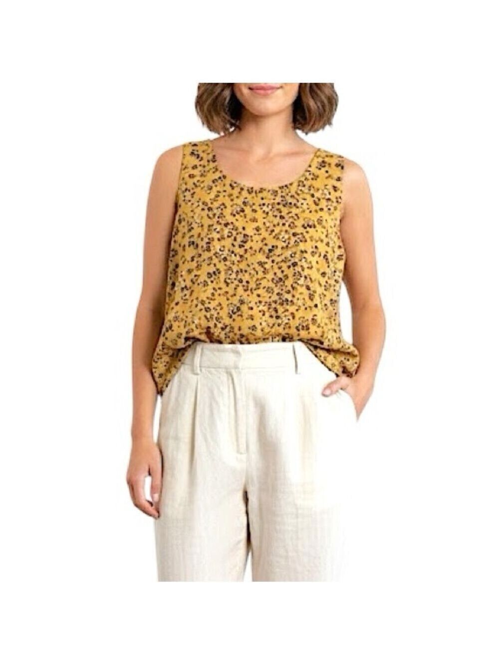 Mustard yellow floral flowy sleeveless top 1X